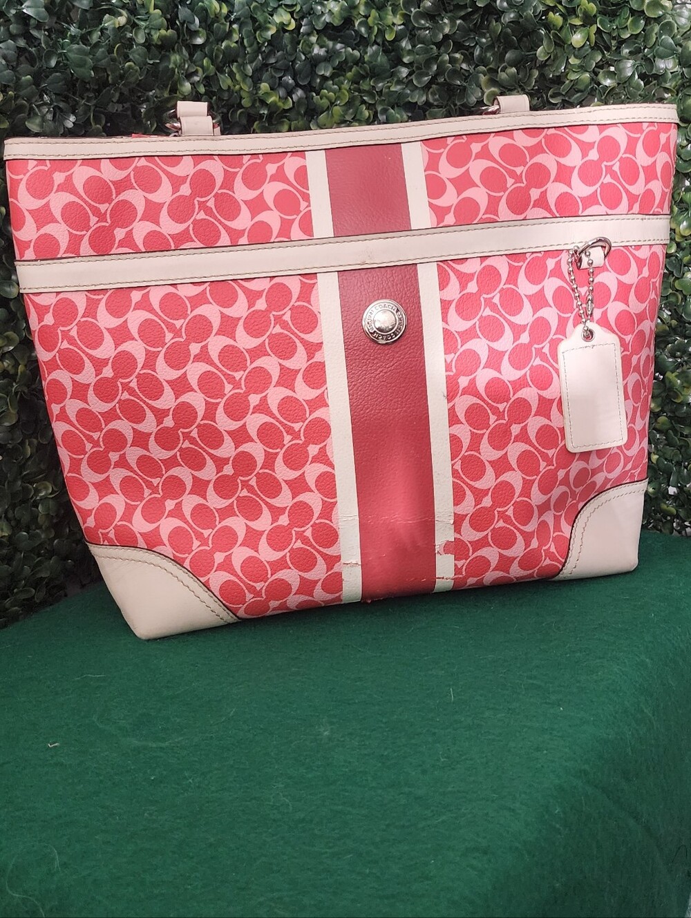Coach Pink Signature Stripe Tote with Cream Trim